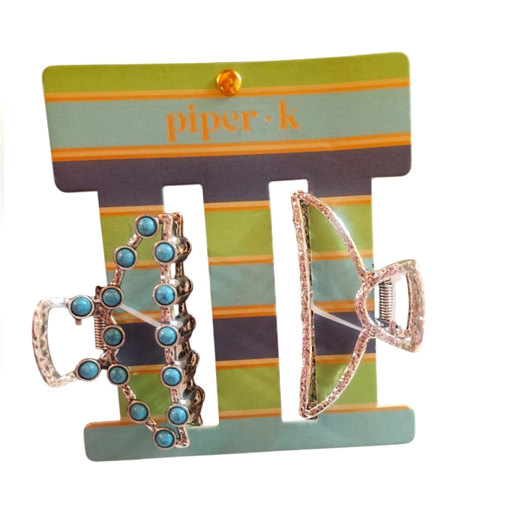 Piper K Silver and Turquoise Blue Stone Embellished Large Hair Clip Set